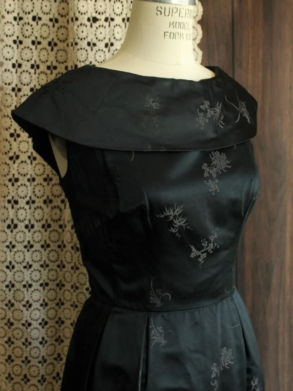 Vintage 1960s Dress, Black Satin Brocade Gown, Portrait Neckline Wiggle Style - Picture 8 of 13
